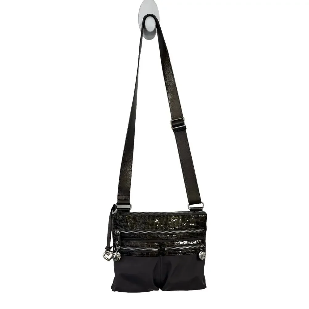 Brighton Green Grey Nylon Leather Croc Embossed Crossbody Handbag